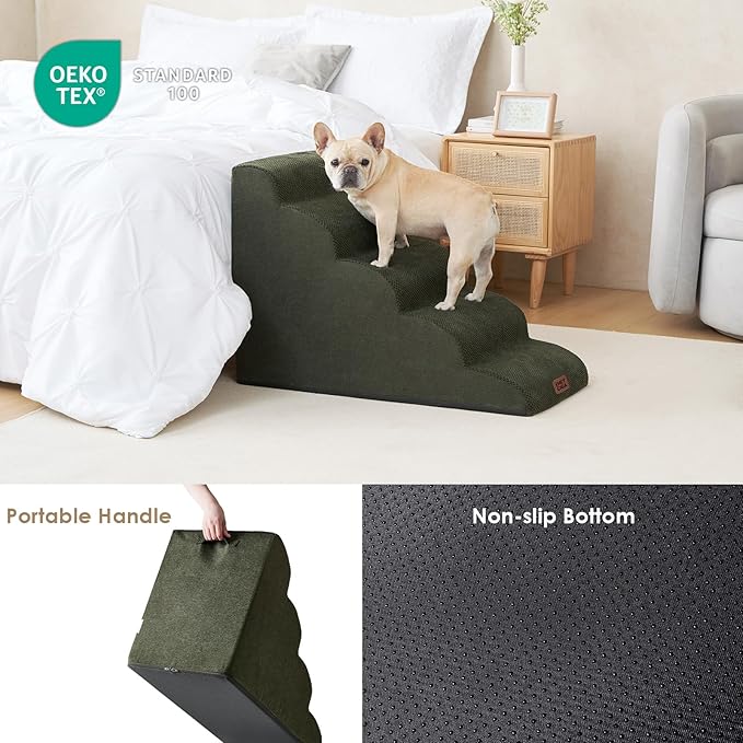 EHEYCIGA Curved Dog Stairs Ramp for High Beds 22.6" H, 5-Step Dog Steps for Small Dogs and Cats, Pet Stairs for High Bed Climbing, Non-Slip Balanced Pet Step Indoor, Military Green