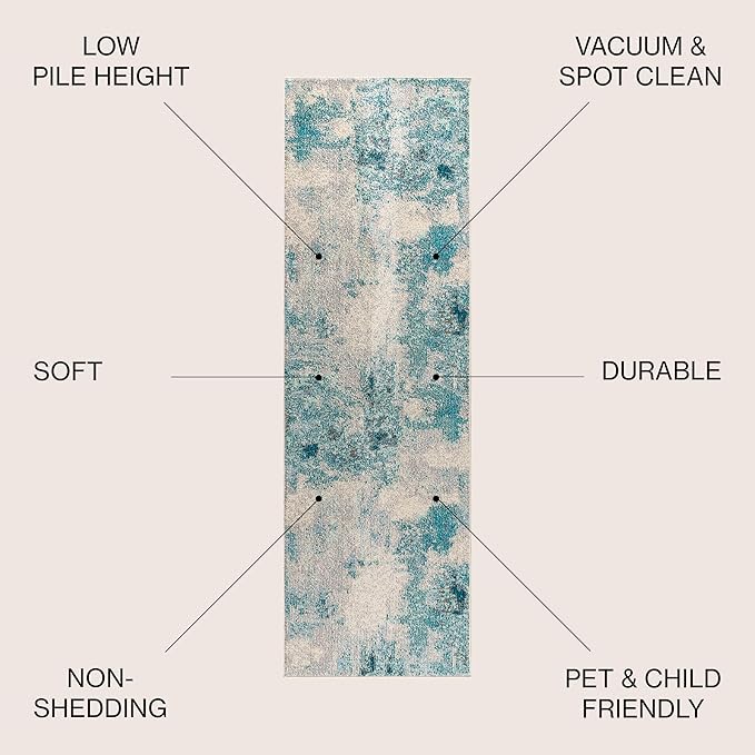 JONATHAN Y Modern Abstract Vintage Cream/Blue Runner Rug, 2x14, Contemporary POP, Transitional, Easy-Cleaning for Living Room, Bedroom, Kitchen, Pet Friendly, Non-Shedding (CTP104A-214)