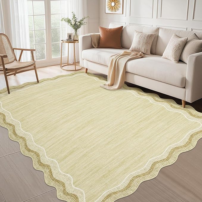 GarveeHome Scalloped Washable 5x7 Area Rugs for Living Room Modern Solid Rug for Bedroom Dining Room, Non Slip Scalloped Throw Rug with Rubber Backing, Soft Low Pile Dorm Nursery Carpet Beige 5x7