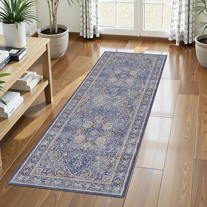 Washable Area Rug 2'6'' x 8' Vintage Traditional Persian Mat - Foldable Distressed Non-Slip Machine Washable Carpet for Living Room Bedroom Kitchen Home Decor - Indigo and Gold