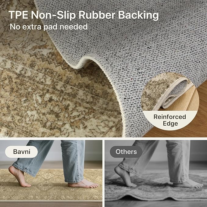 Bavni 9x12 Area Rug Washable Rug for Living Room Bedroom, Vintage Print Carpet, Low Pile Lightweight Mat with Non Slip Backing, Light Brown