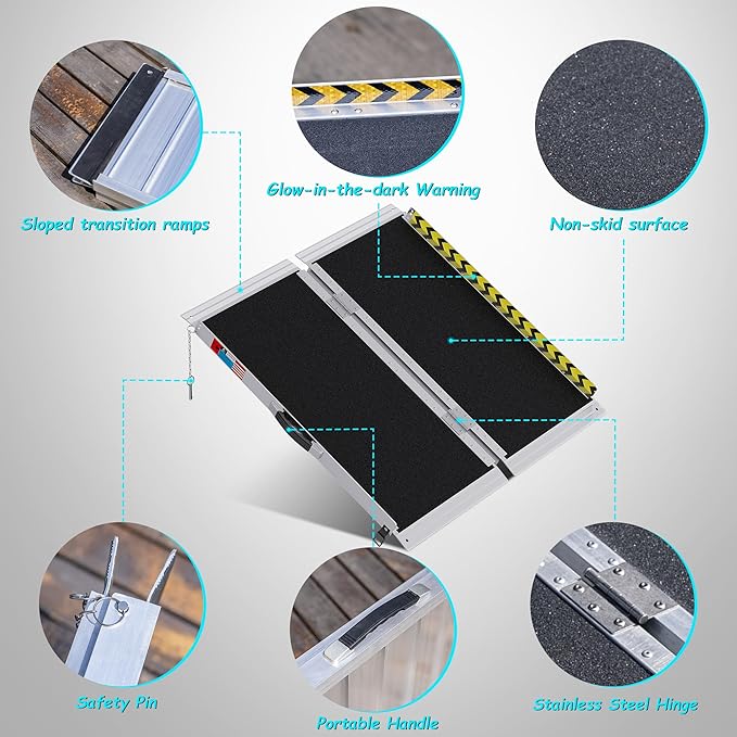 Portable Wheelchair Ramp 3FT, Anti-Slip Aluminum Folding Portable Ramp, Wheelchair Ramps for Home, Weight Capacity Up to 800 LBS, with Transition Plates Above and Below, Loading Dock Plates
