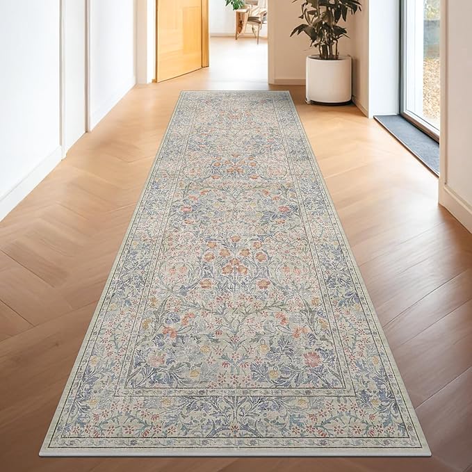 Vintage Beige Blue 3x12 Runner Rug for Hallway, Kitchen, Bathroom, Entryway Indoor, Washable Non Slip Rubber Backing Stain Resistant - Botanical Home Decor