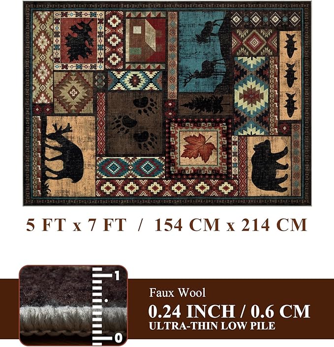 YIHOUSE Rustic Cabin Area Rug 5x7,Machine Washable Lodge Bear Rug,Non-Slip Low Pile Print Pattern Southwestern Rug for Living Room Bedroom