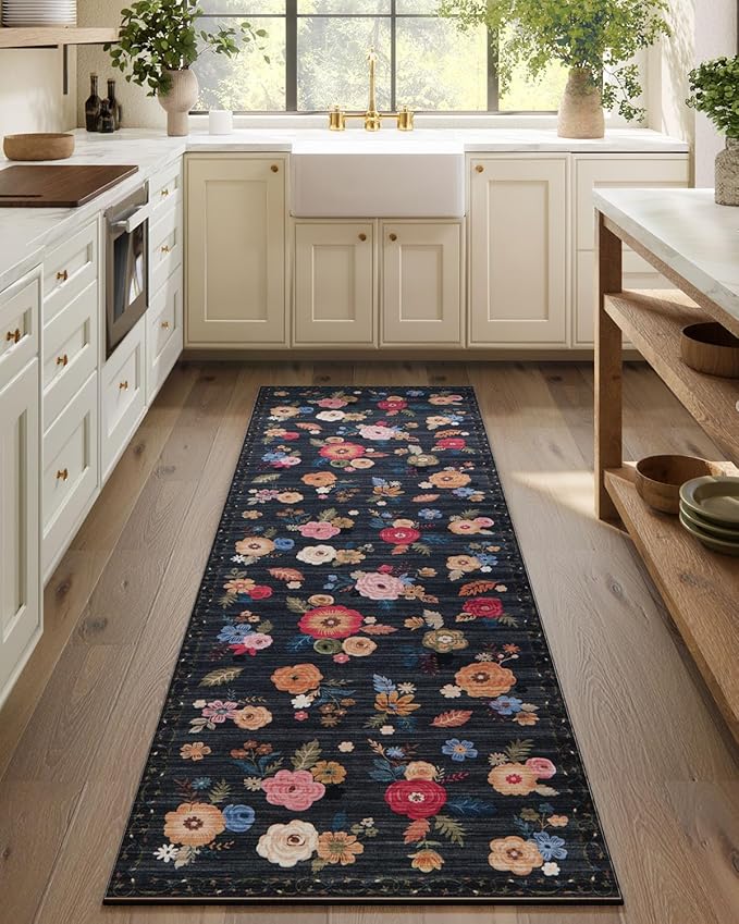 Machine Washable Runner Rug for Hallway: 2'6"x8' Kitchen Runner Rugs with Rubber Backing Non Slip Stain Resistant Floral Floor Rug Soft Carpet Runners for Indoor Entryway Bedroom Bedside Living Room