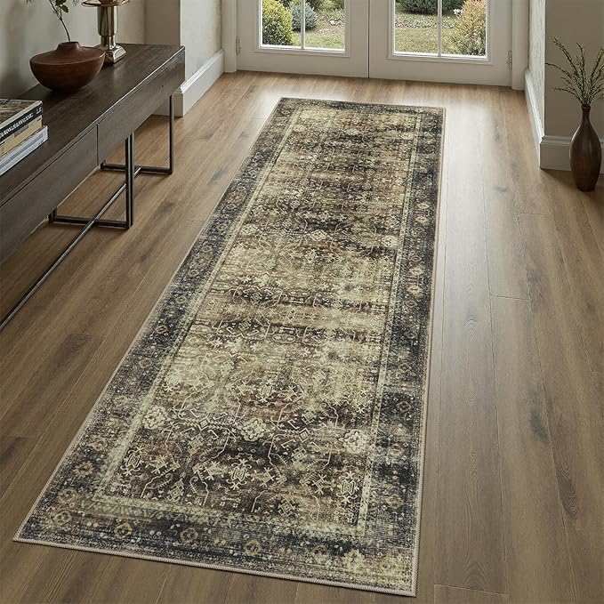 DCX Washable 2x6, Kid & Pet Friendly with Rubber Back Non Slip, Stain Resistant Vintage Runner Rug for Living Room, Bedroom, Home Office, Soft Low Pile Large Farmhouse Distressed Carpet, Brown