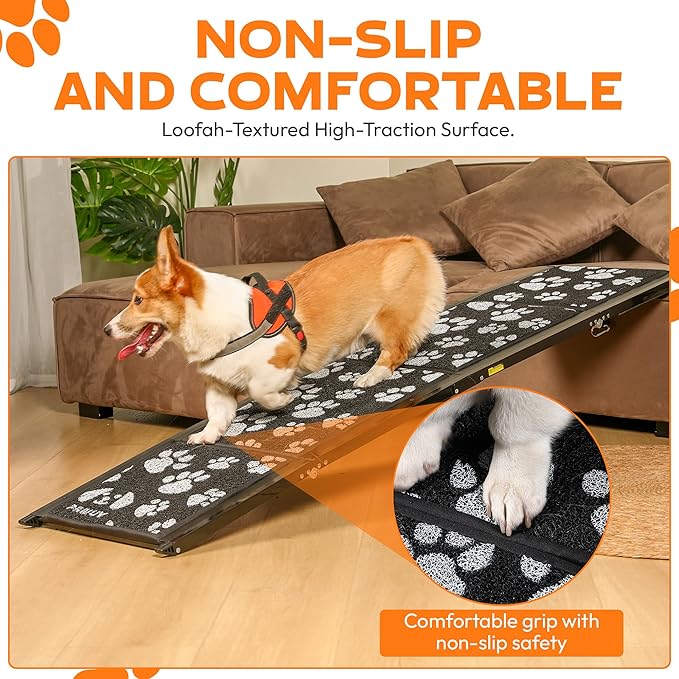 Dog Ramp for Car, Portable Folding Aluminum Pet Ramp with Non-Slip Paw Print Surface. Extra Wide Portable Ramp for Large, Small & Senior Dogs to Get in Cars, SUVs, Trucks & Beds, 71" Long & 17" Wide
