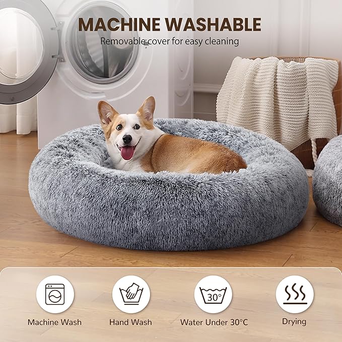 Donut Dog Bed Medium Size Dog 36 Inch, Round Cat Beds for Small Medium Dogs and Cats with Washable Fluffy Faux Fur, Cute Comfort Pet Bed with Anti-Slip Bottom, Grey