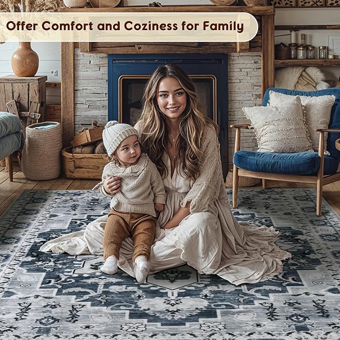 LBRO2M Boho 4X6 Rug Washable Rugs for Bedroom Non Slip Indoor Carpet, Soft Low Piles Rug Foldable Rugs for Living Room Pet Friendly Area Rugs Stain Resistant (4'X6' Dusty Blue)