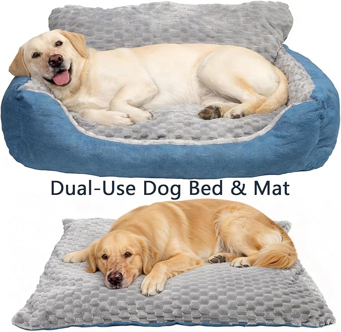 Dog Beds for Medium Dogs with Soft Plush Cushion, Blue and Gray Machine Washable Pet Bed,Non-Slip Year-Round Faux Fur Linen Pet Sofa(Up to 33 lbs)