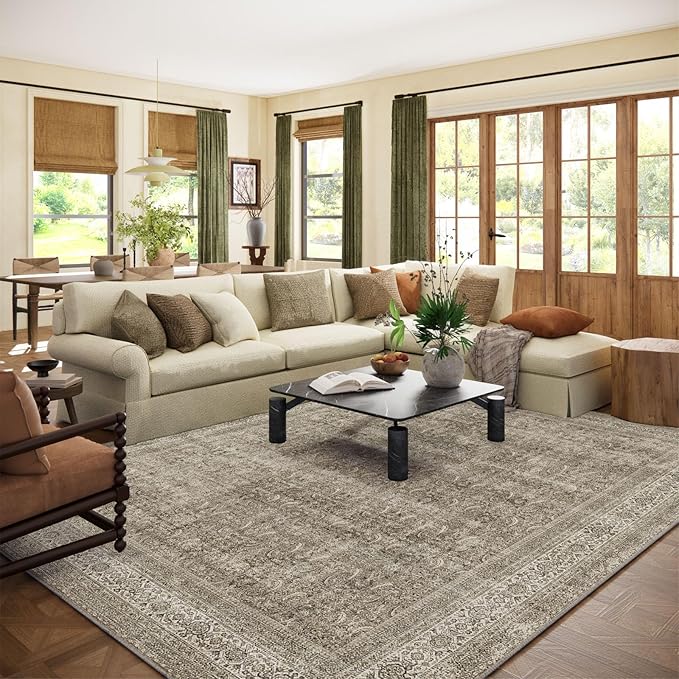 Washable Area Rugs for Living Room: 8x10 Bedroom Rug Boho Vintage Area Rug Stain Resistant Non Slip Low Pile Lightweight Soft Carpets for Dining Room Kitchen Nursery Kids Room Farmhouse