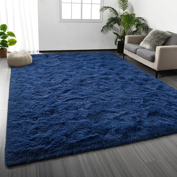 Large Shag Area Rugs 8 x 10, Plush Fuzzy Rugs for Living Room, Ultra Soft Fluffy Furry Rug for Bedroom, Indoor Carpet Nursery Rugs for Kids Room Home Decor,Navy Blue
