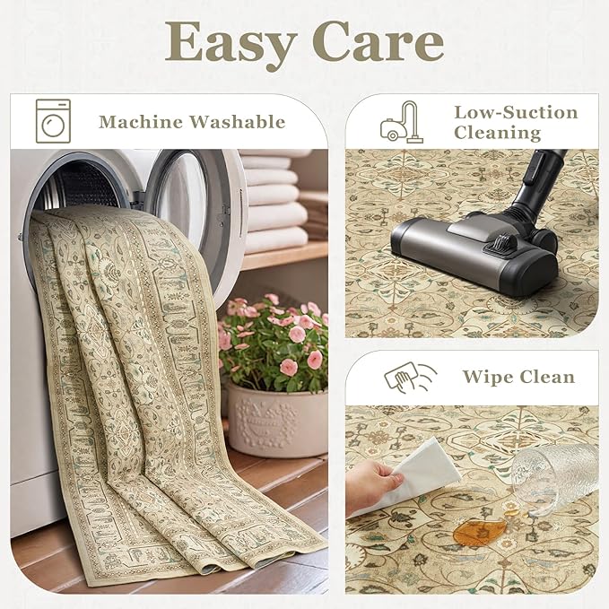 Warm Beige 9x12 Living Room Rug, Large Area Rug Washable Non Slip Low Pile Ultra Thin, Neutral Boho Floral Moroccan Pattern Printed Carpet Rug for Bedroom Dining Room