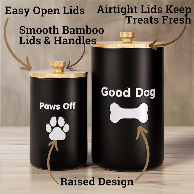Dog Treat Container Airtight Set of 2 - 9x5 & 7x4 inch Ceramic Dog Treat Jars for Kitchen Counter with Airtight Lids - 11 Cup Capacity Pet Treat Container Set - Doggie Cookie Jar - Big Treats Canister