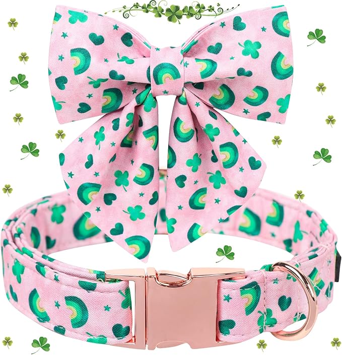 Maca Bates St. Patrick's Day Shamrock Dog Collar,Sailor Bow,Extra Small Girl Boy Dogs, Pink,Green Rainbow,Four Leaf Clover Pattern,Adjustable Durable Soft Collars Irish Gift for Male Female Puppy
