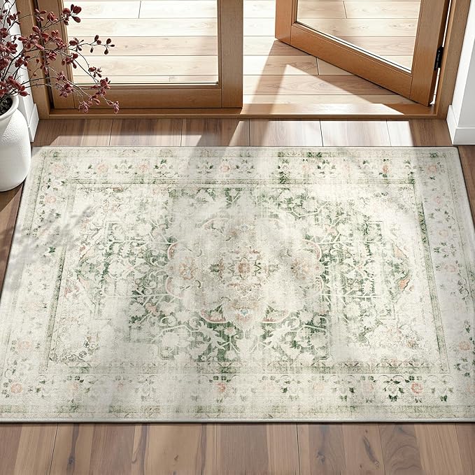 DCX 3x5 Green Rug, Machine Washable Stain Resistant Distressed Vintage Rug, Kid & Pet Friendly with Rubber Back Non Slip Soft Low Pile Large Carpet for Living Room, Bedroom, Home Office