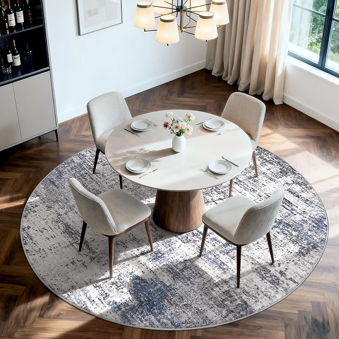 Area Rug Living Room Washable Rugs: 6x6 Modern Neutral Abstract Low Pile Non Slip Floor Carpet - Large Soft Thin Stain Resistant Rug for Bedroom Dining Indoor Office Home, Blue Grey