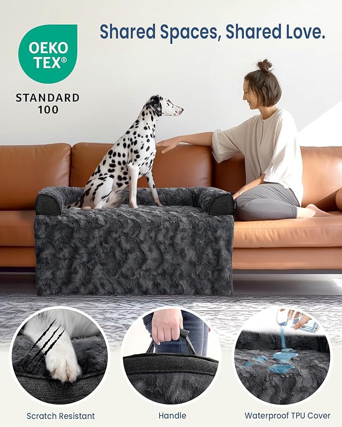 Calming Medium Dog Bed for Couch, 35 x 31 inch Removable Couch Cover for Dogs Washable, Non-Slip Fluffy Plush Dog Sofa Mat for Furniture Protector - Dark Grey