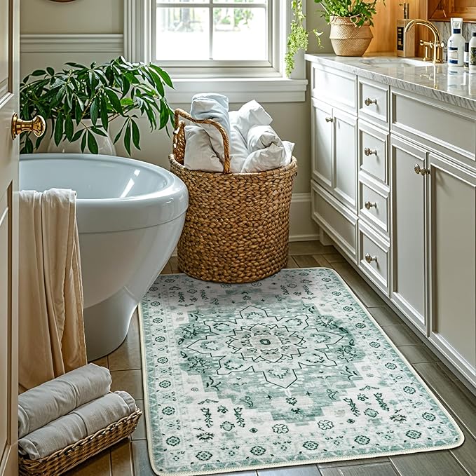 LBRO2M Rug for Entryway Indoor 2X3 Washable Rug Boho Design Door Carpet Throw Rugs for Kitchen Bathroom Non Slip Pet Friendly Area Rugs (2X3, Sage Green)