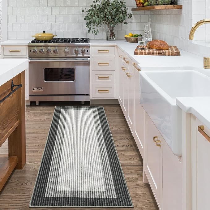 GarveeHome Entryway Bathroom Rug 2x6 Runner Modern Bordered Washable Rug, 2x6 Runner Kitchen Rug for Hallway Non-Slip Low-Pile Soft Runner Carpet for Bedroom Laundry Room, Grey