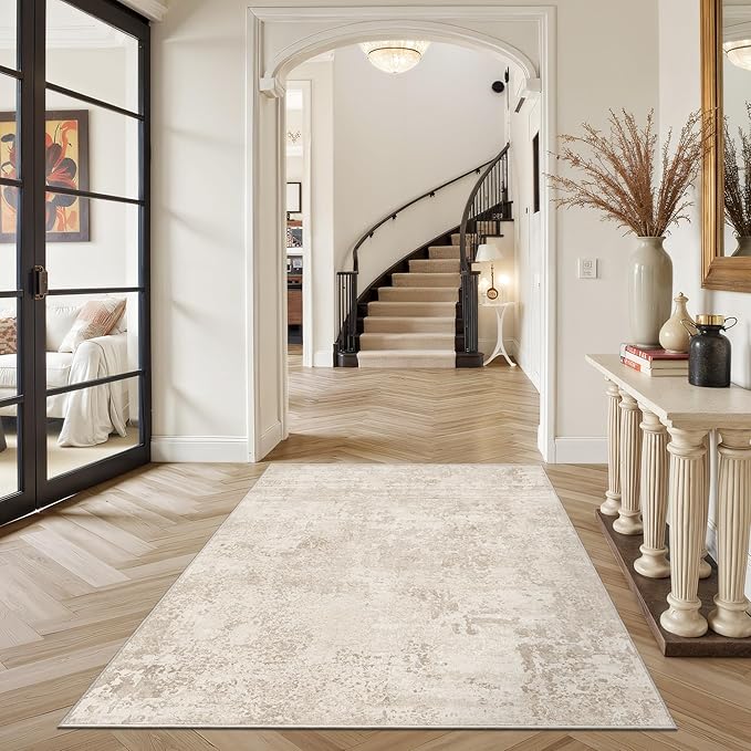 Art&Tuft Washable Rug, Anti-Slip Backing Abstract 4x6 Rug, Stain Resistant Rugs for Living Room, Foldable Machine Washable Area Rug (TPR53-Beige, 4'x6')