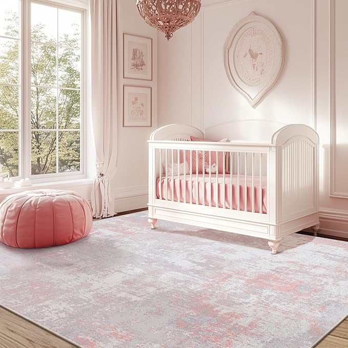 Washable Area Rugs 7'x9' Non-Slip Modern Abstract Soft for Living Room Entryway Bedroom Nursery, Print Pattern, Grey Pink