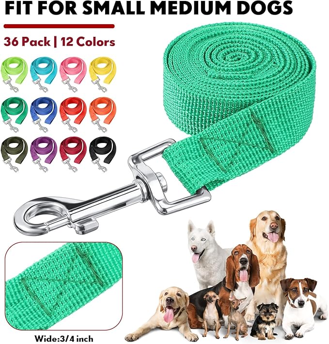 Hillban 36 Pcs Dog Leash Bulk 5 ft Multicolored Puppy Training Leash Slip Pet Traction Nylon Rope for Small Medium Dogs Agility, Yard, Camping, Backyard Play(12 Colors)
