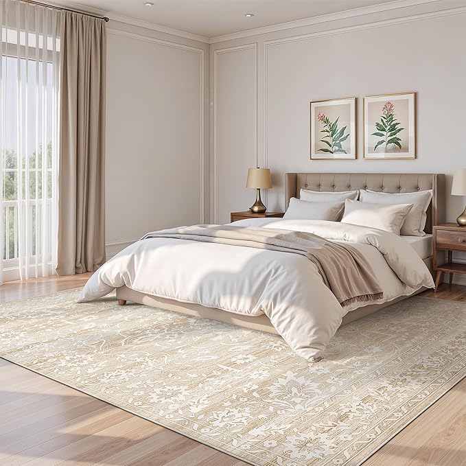 6x9 Area Rugs for Living Room, Neutral Washable Rugs for Bedroom, Floral Vintage Non-Slip Soft Throw Carpet for Dining Room Farmhouse (Beige, 6'x9')