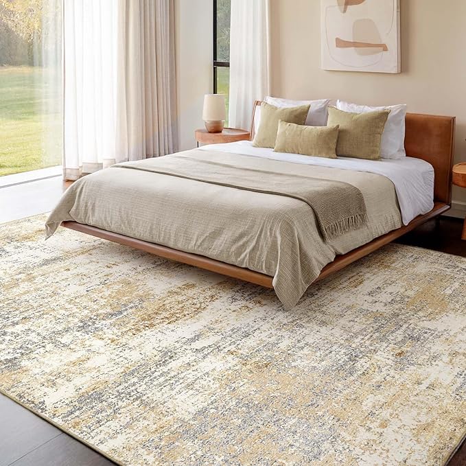 Area Rug Living Room Washable Rugs: 8x10 Modern Neutral Abstract Low Pile Non Slip Floor Carpet - Large Soft Thin Stain Resistant Rug for Bedroom Dining Indoor Office Home, Gold Grey