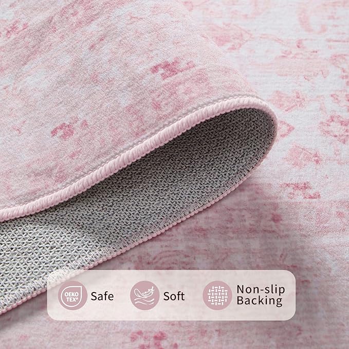3x5 Rug for Entryway Bedroom, Pink 3x5 Washable Area Rug, Vintage Retro Boho Throw Rug, Non Slip & Low Pile Small Carpet for Indoor Entry, Kitchen, Bedside, Living Room, Bathroom and Dining