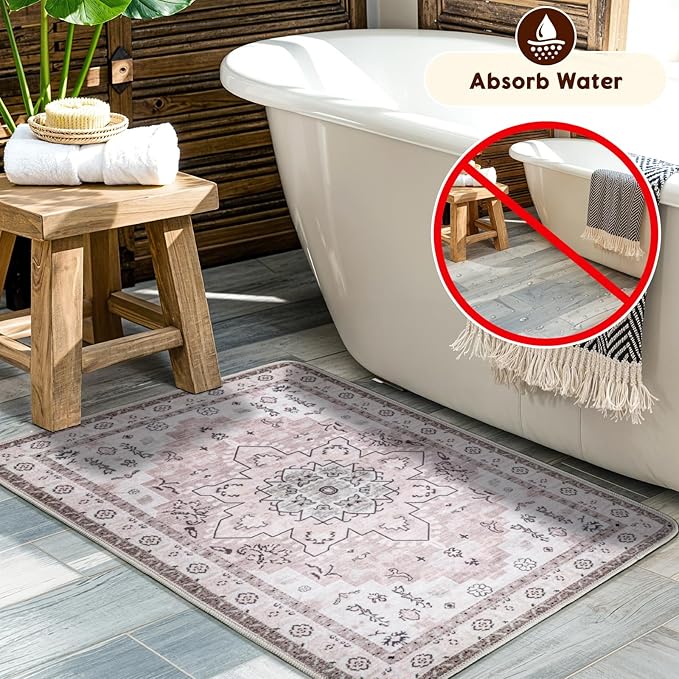 LBRO2M Boho Rug for Entryway Indoor Washable Rugs 3X5 Front Door Carpet Pink Non Slip Throw Rug, Small Rug for Bathroom Kitchen Rugs Pet Friendly Area Rugs Low Piles (3'X5' Pink)