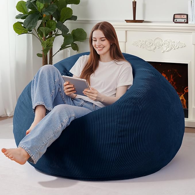 Homguava 5FT Bean Bag Chair for Adults,Teardrop Giant Bean Bags Big Beanbag Chair with Memory Foam Filled and Ultra Soft Removable Corduroy Cover for Living Room, Bedroom(Dark Blue)