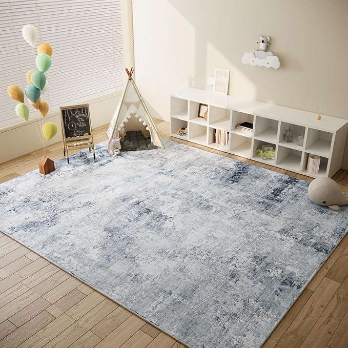 Washable Living Room Area Rugs: 6'x9' Large Rug Stain Resistant Distressed Abstract Rug Non Slip Low Pile Faux Wool Soft Rug for Bedroom Bedside Kitchen Dining Room Farmhouse Nursery Kids Playroom