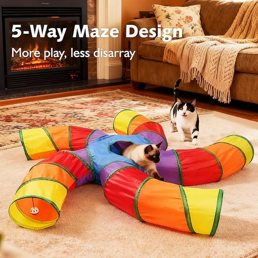 Joytale 5-Way Cat Tunnels for Indoor Cats, Pet Tube Toy with Play Ball and Toy Mouse, S-Shape Collapsible Tunnel with Interactive Hole for Kitty, Kitten, Rabbit, Puppy (Rainbow)