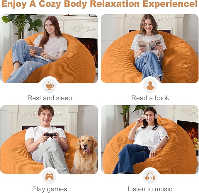 Homguava 5FT Bean Bag Chair for Adults,Teardrop Giant Bean Bags Big Beanbag Chair with Memory Foam Filled and Ultra Soft Removable Corduroy Cover for Living Room, Bedroom(Orange)