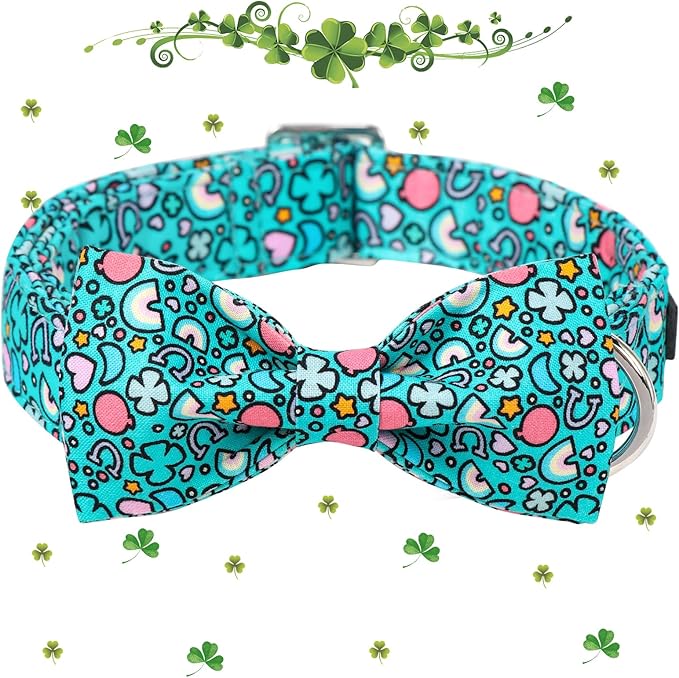 Maca Bates St. Patrick's Day Shamrock Dog Collar,Fancy Bow Tie,Large Girl Boy Dogs,Cute Rainbow,Four Leaf Clover Pattern,Adjustable Durable Soft Collars Irish Gift for Male Female Puppy