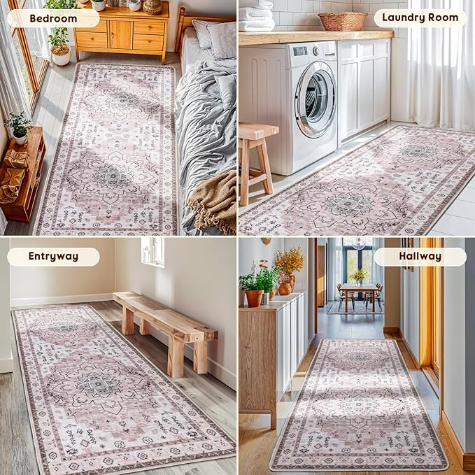 LBRO2M Boho Runner Rug 2X6 Hallway Rug Non Slip Washable Runners for Hallways, Bedroom, Kitchen Laundry Room Pet Friendly Area Rugs (2X6, Light Pink)