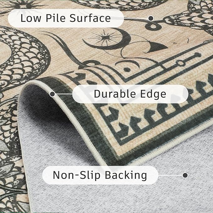 DCX Washable 4x6 Snake Rug, Beige Gothic Rug for Living Room, Soft Low Pile Carpet, Kid & Pet Friendly with Rubber Back Non Slip, Stain Resistant Rug for Bedroom Dining Room Office