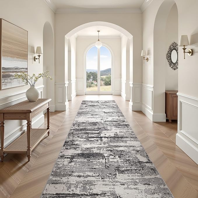Hallway Washable Runner Rug: 3x12 Abstract Modern Soft Stain Resistant Non-Slip Backing Runner for for Entryway Kitchen Laundry - Black Grey