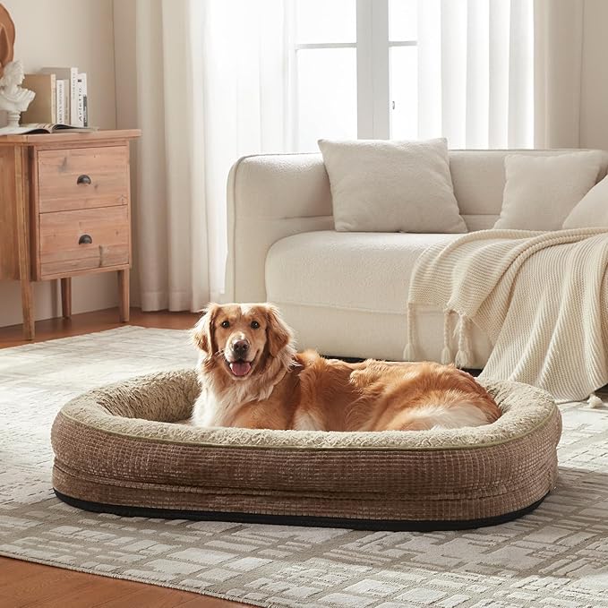 JOEJOY Orthopedic Dog Bed for Medium Dogs, Egg-Crate Memory Foam Pet Bed with Bolster Sides, Waterproof Lining, Removable Washable Cover & Non-Slip Bottom, Brown