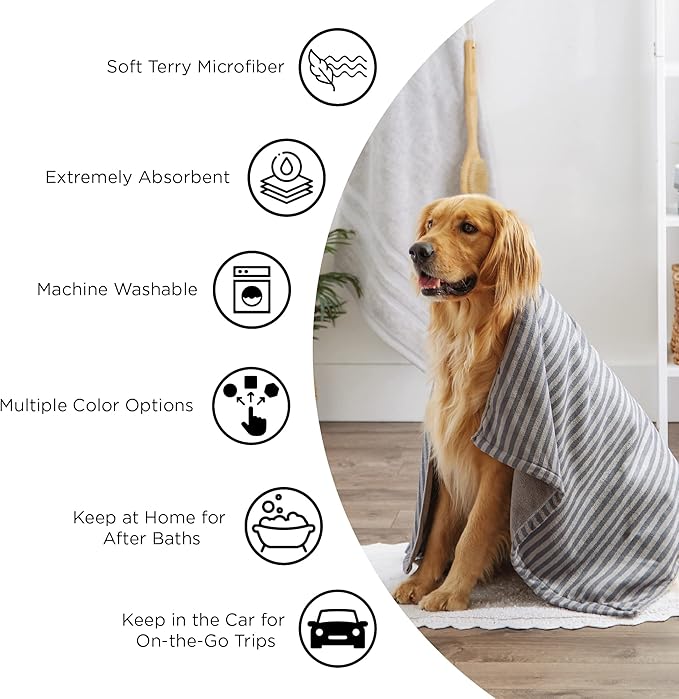 Bone Dry Pet Grooming Towel Collection Absorbent Microfiber Drying Set, 15x30", Embroidered Taupe, 3 Count