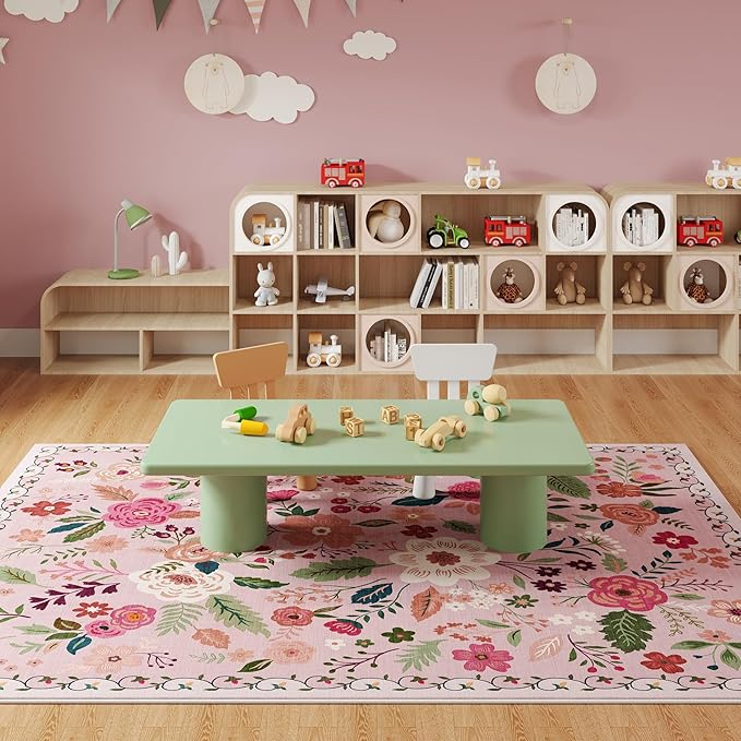 Rugcomf Area Rugs 8x10 Rug for Living Room Clearance Washable Boho Area Rug Non Slip Floral Vintage Low Pile Large Rug for Living Room, Bedroom, Farmhouse, Dining Room, Kids Playroom(Pink)