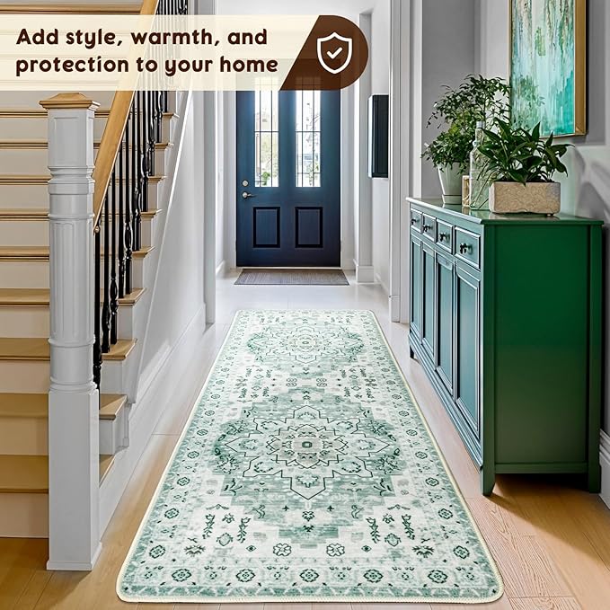 LBRO2M Boho Washable Runner Rug 2'6“X8’ Green Washable Hallway Runner Rugs Non Slip Low Piles Rugs, Soft, Area Rug Runners for Hallways, Bedroom, Kitchen Laundry Room (2'6"X8', Light Green)