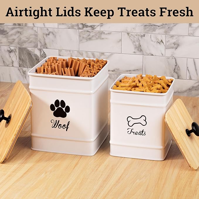 Dog Treat Container Airtight Set of 2 - 8x6 & 7x5 inch Iron Dog Treat Jars for Kitchen Counter with Airtight Bamboo Lids - 20 Cup Capacity Pet Treat Container Set - Doggie Cookie Jar - Treats Canister