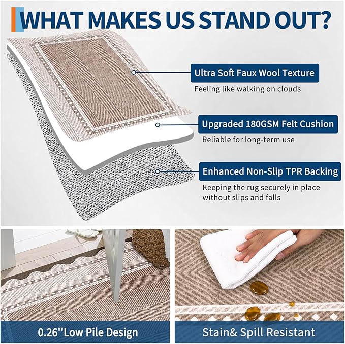 GarveeHome Modern Neutral Area Rug 5x7 Non Slip Washable Rugs for Living Room, Contemporary Bordered Rugs Stain-Resistant Soft Carpet, Low Pile Floor Mats for Dining Room, Bedroom, Red Brown