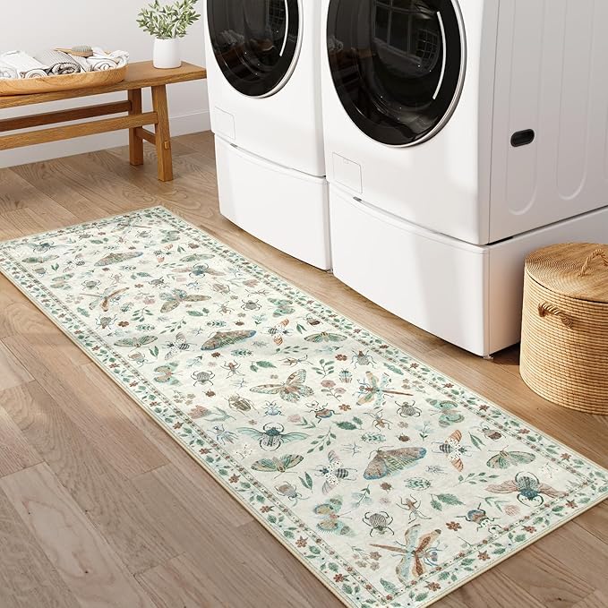 Lahome Insect Kitchen Runner Rugs Non Skid Washable, 2x6 Soft Washable Runner Non Slip, Ultra-Thin Hallway Rug Stain Resistant Carpet for ?랰aundry Bathroom Bedroom(2x6ft,Beige)