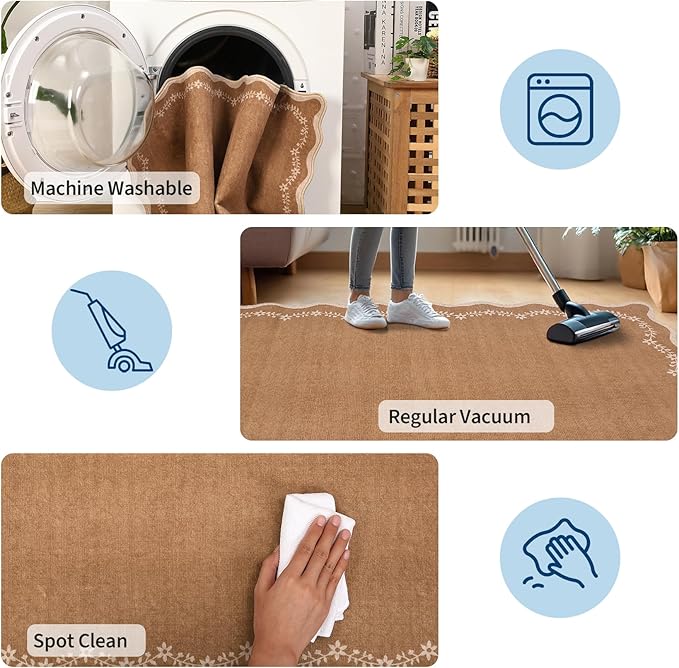 GarveeHome Round Area Rugs 6ft for Bedroom, Solid Brown Washable Circle Rug Soft Non Slip Floral Print Floor Mat Leaves Carpet Indoor Thin Rug for Living Room Dining Room Playroom Nursery