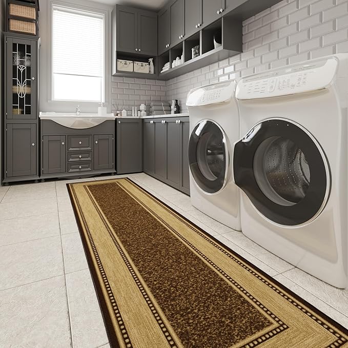Ottomanson Hallway Runner Rug 2'7" x 9'10" Non Slip Border Area Rugs Easy to Clean Laundry Rug Runner Durable & Pet Friendly Floor Carpet Runners for Hallways Entryway Living Room Kitchen, Brown
