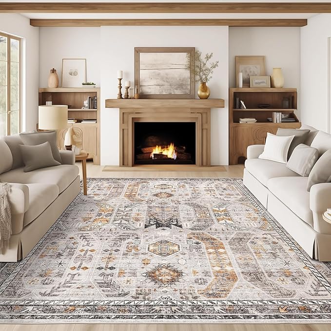 9x12 Area Rug,Ultra-Thin Washable Rugs for Living Room,Non-Slip Lightweight Foldable Area Rug,Stain Resistant Vintage Large Rugs(Brown/Gold, 9'x12')