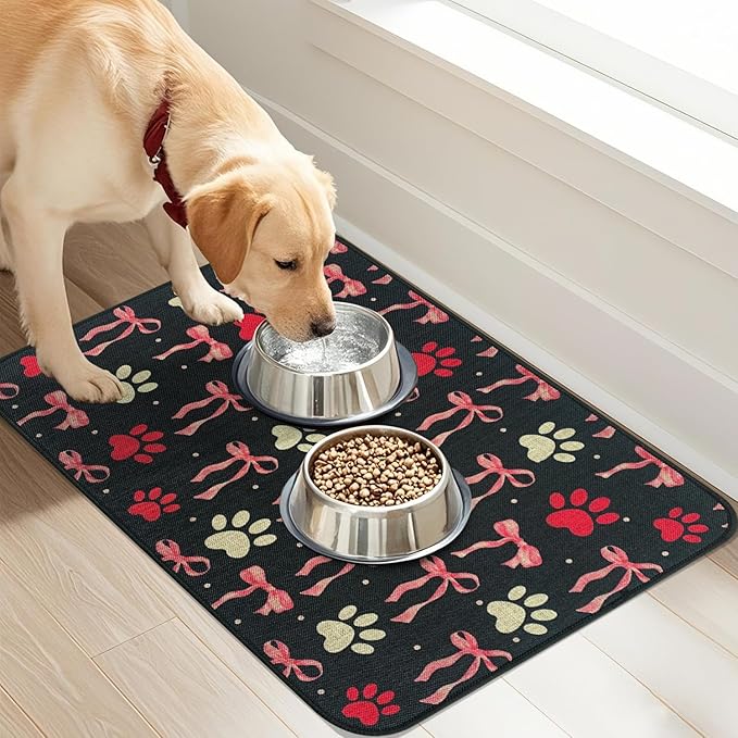 SHIYUE Dog Food Mats for Floors, Absorbent Cat Bowl for Food and Water, Non-Slip Accessories Pet Supplies(16"x24",Black Bow Footprint)